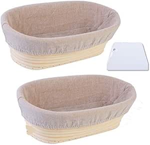 2 Cesti Ovali Lievita Pagnotta con Fodera in Lino e Raschietto per la Pasta Ovale (25cm*15cm*8cm)