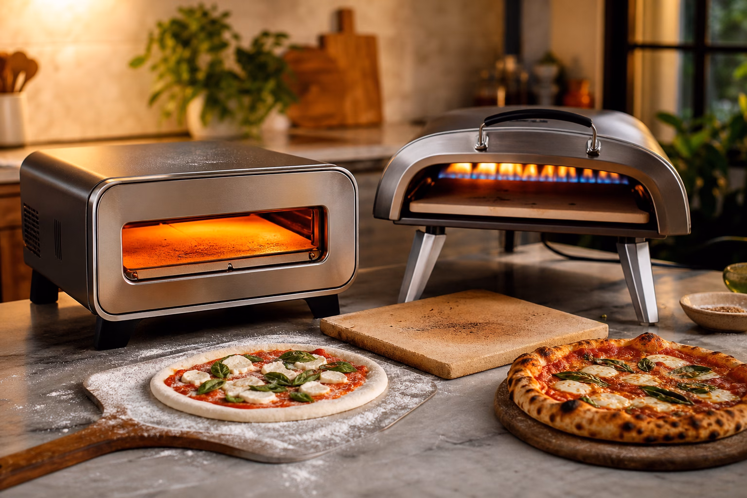 Due forni per pizza su un piano cucina, con pizze Margherita in preparazione e una già cotta